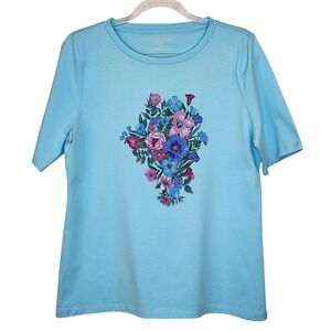 Talbots Womens Blue Short Sleeve T Shirt Floral Graphic Print Size Petite Medium